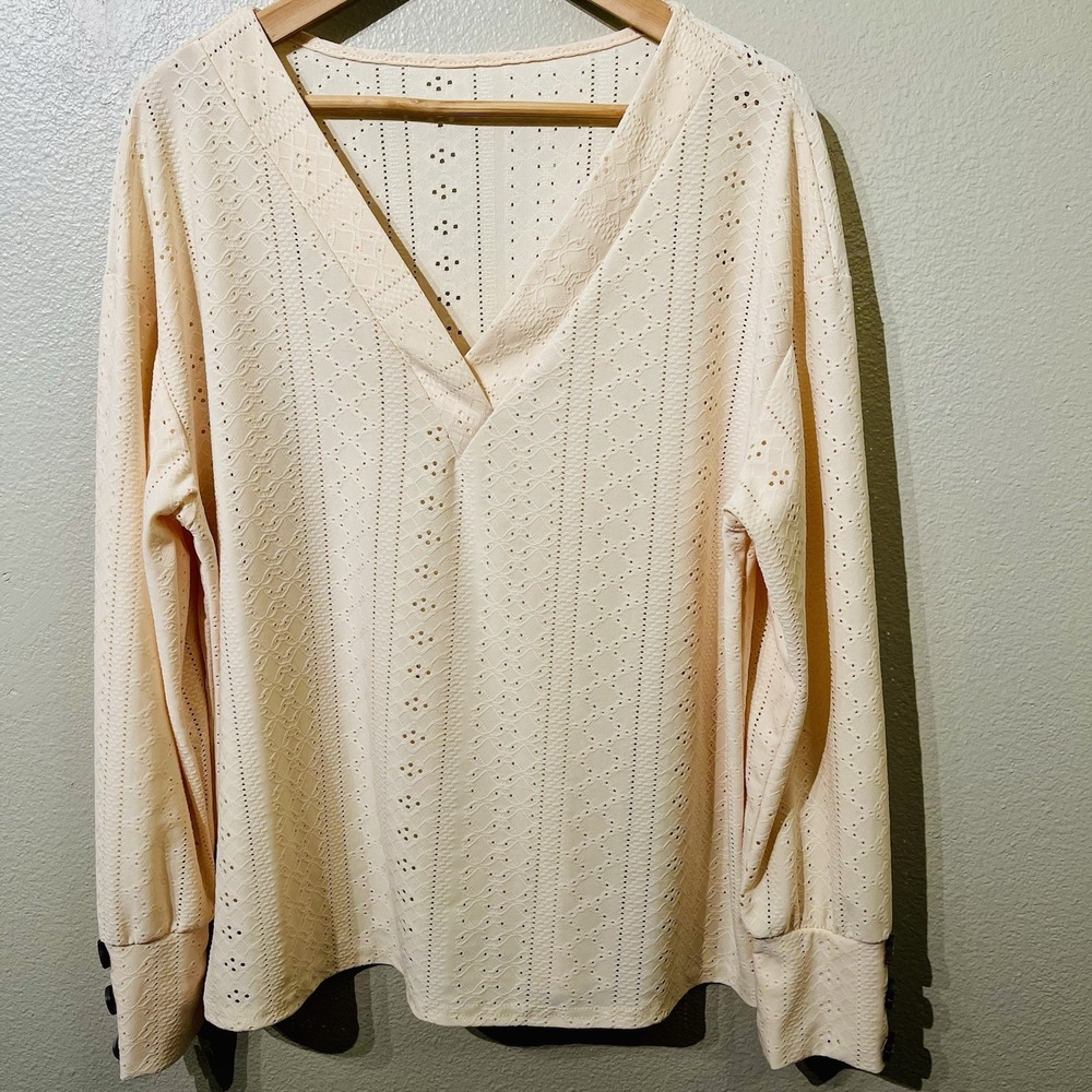 SHEIN Eyelet V Neck Top Long Sleeve Deco Buttons On Sleeve Yellow XL (True 2 Sz)